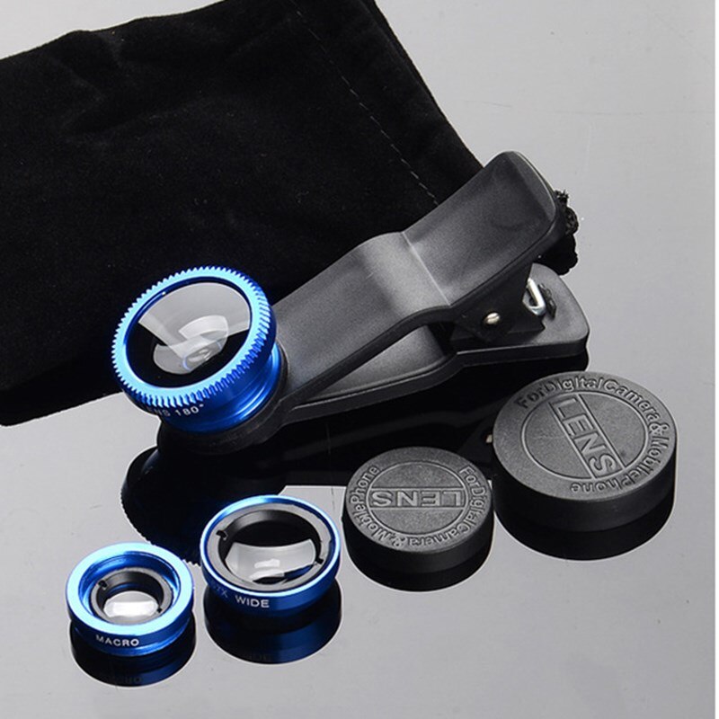 Macro Fisheye Groothoek Lens Camera Kits Met Clip Op Voor Iphone Samsung Xiaomi Huawei Mobiele Telefoon Lenese Fish Eye zoom Lentes: Blue