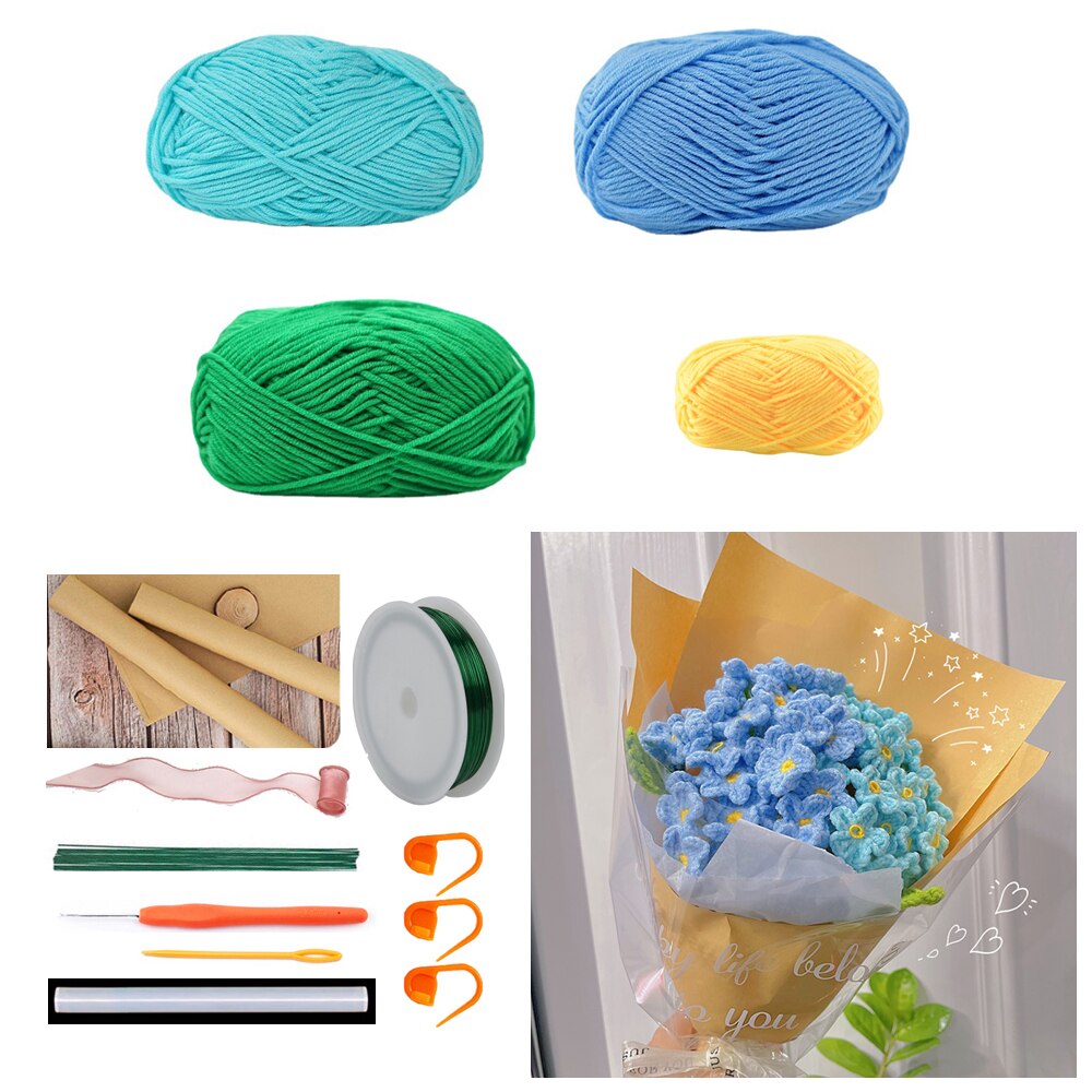 TPRPYN Myosotis – Kit de Crochet pour Bouquet de fleurs, avec fil, bricolage, oublier, pas de fleurs, kits de Crochet, tricot, vidéo de débutant faite à la main: NL50 24 11 BL1