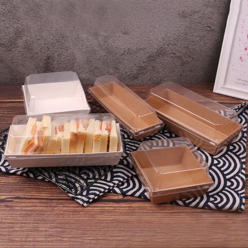 10pcs Rectangular/Square Kraft Paper Box Sandwich Wrapping Boxes With Plastic Clear Lids Cake Bread Snack Bakery Food Packing