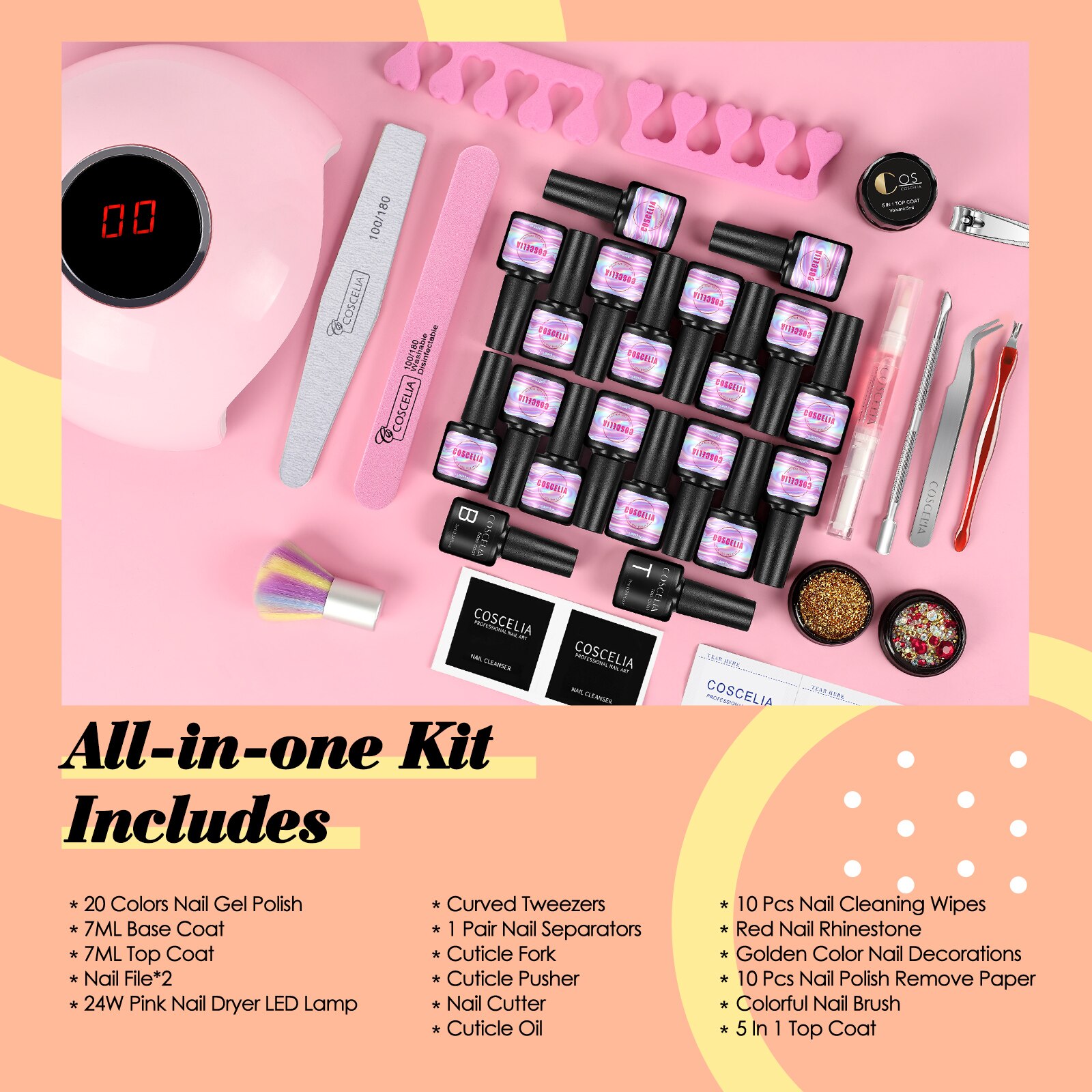 COSCELIA-Juego de esmaltes en Gel para uñas, conjunto de manicura con lámpara LED UV, barniz híbrido semipermanente, herramientas de para decoración de uñas kit uñas semipermanente con lampara with torno uñas