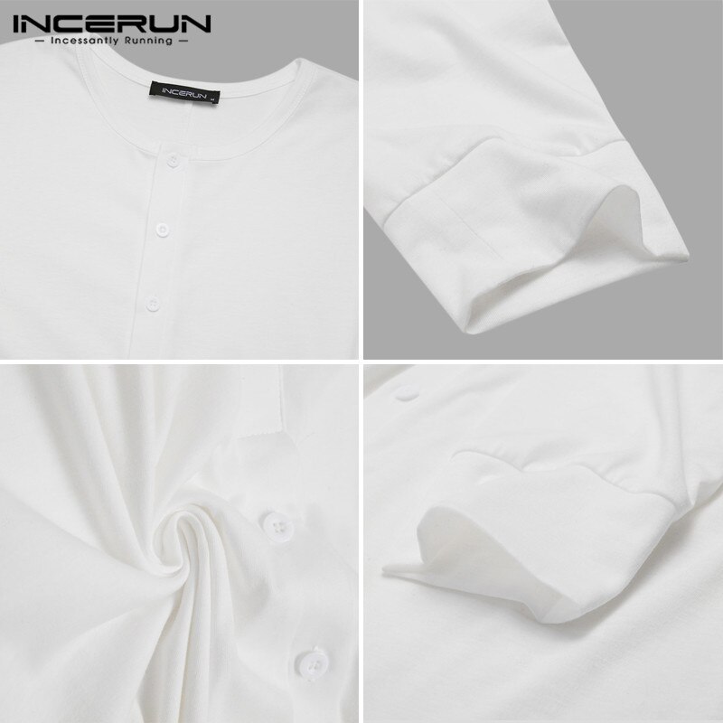 Leisure Heren Zomer Pyjama Jumpsuit Solid Nachtkleding Lange Mouwen Knop Nachtkleding O Neck Fitness Homewear Rompertjes Incerun S-5XL