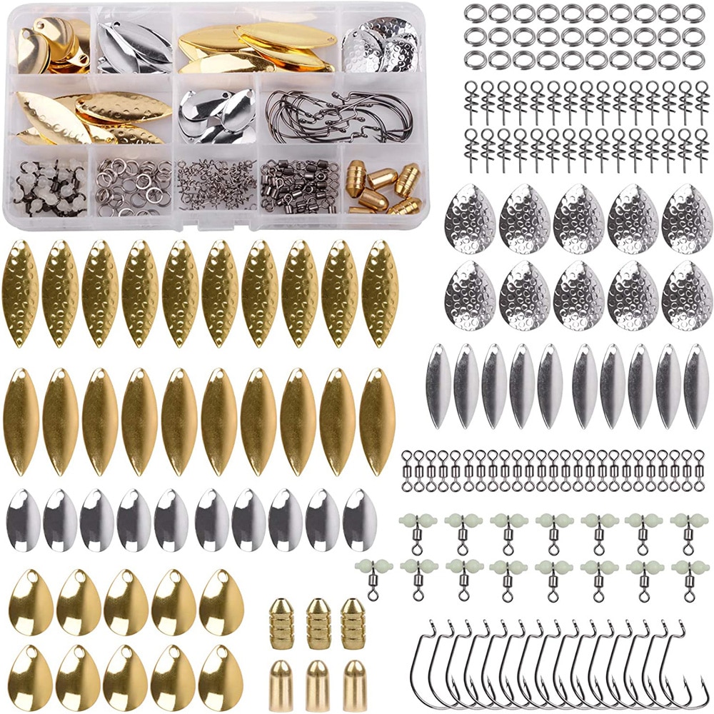 181Pcs/Box Fishing Lures DIY Kit Fishing Spoon Rigs Gold And Sliver Spinner Blade Baits Copper Blades Spinner Bait Tackle