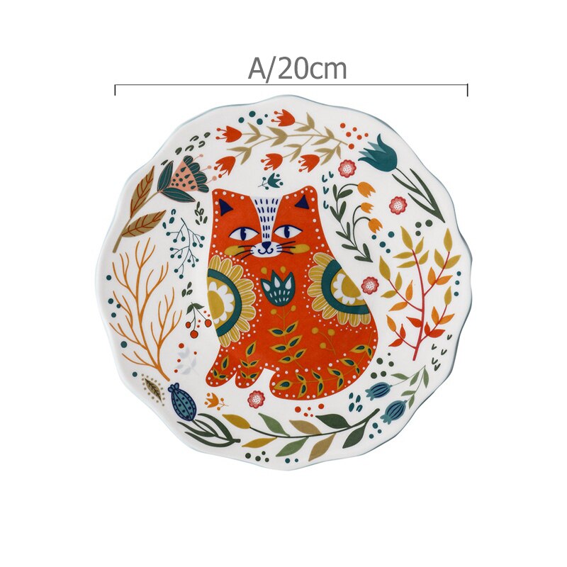 8 inch Hand-painted Cat Dinner Plate Under-glazed Ceramic Dinner Dishes Dessert Tray Flower Kitten Dinnerware Microwave Safe: A
