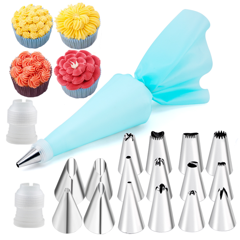 Juego de 6-24 Uds. De bolsa de repostería y boquilla para pastel de acero inoxidable, accesorios de cocina para decorar panadería, equipo de confitería: Negro
