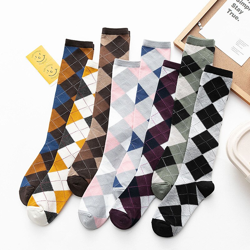 Dreamlikelin Autumn Winter Harajuku Girls Cotton Socks Female Uniform Argyle Socks Wing Rhombus Kawaii High Tube Knee Socks