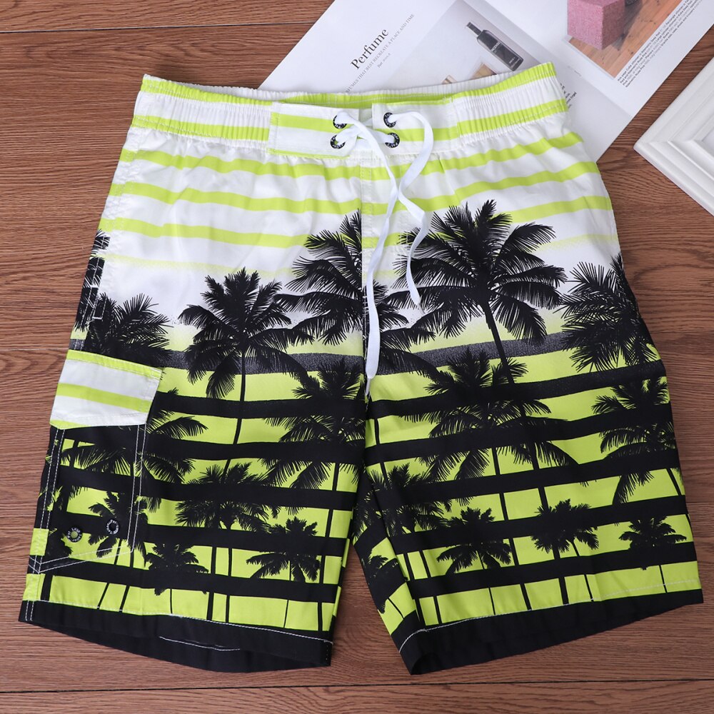 Men Fast Dry Beach Shorts Palm Tree Casual Surfing Swimming Trunks with Pockets - Size (Yellow)