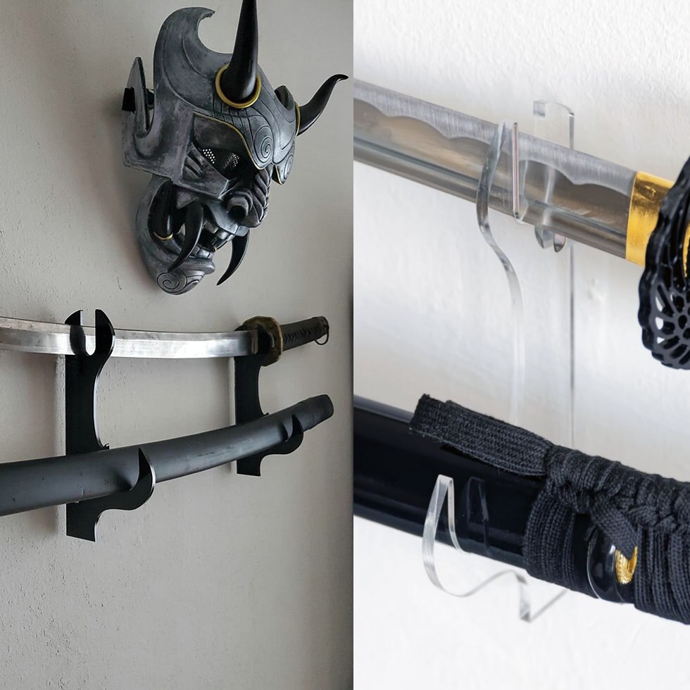 2Pk Acrylic Wall Mount Samurai Sword Hanger Holder Rack Acrylic Wall Mount Sword Hangers (Black or Clear)