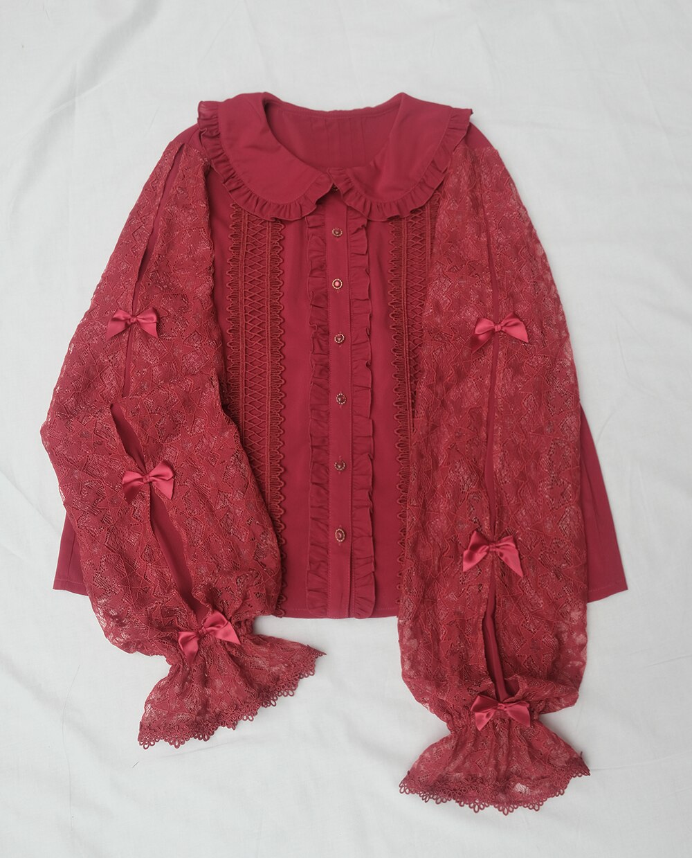 Dentelle mignon fille noeud manches longues lolita chemise victorienne chemise ample gothique lolita chemise loli cos lolita preppy style étudiant: Rouge / S