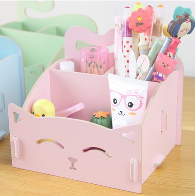 Penholder Wood Cosmetics Receiving Box Cute Cat Penholder Note Box Penholder Receiving Penholder: pink