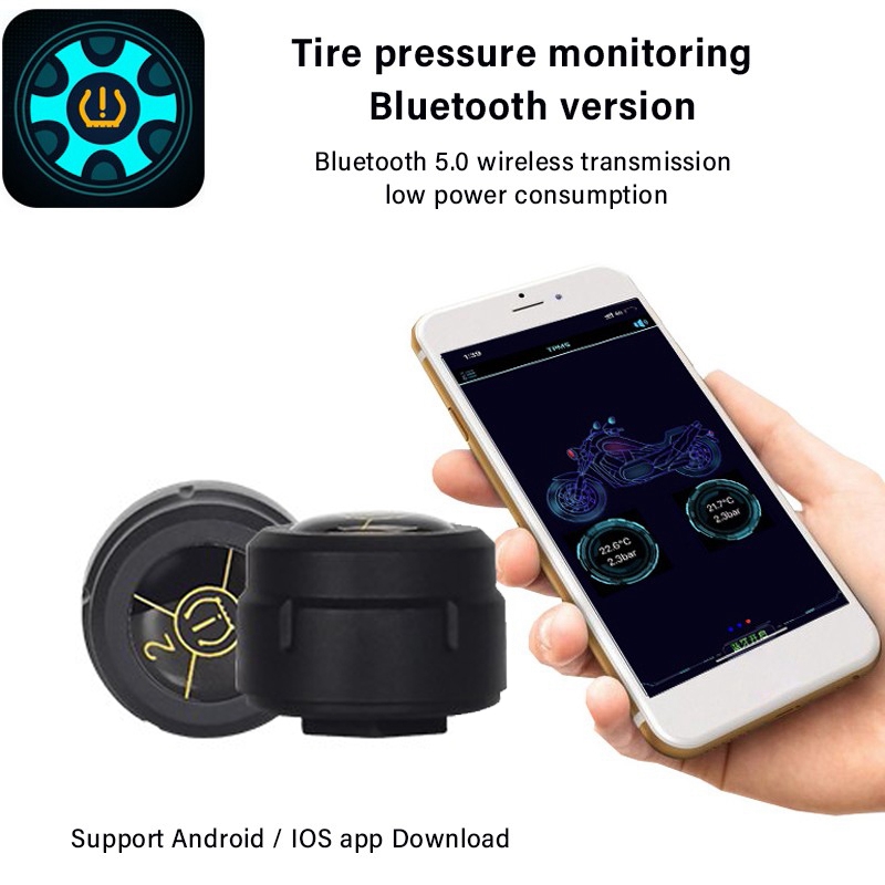 2 stk bluetooth 5.0 motorsykkel tpms dekktrykk alarm system sensor android/ios dekktrykk overvåkingssystem 8.0 bar