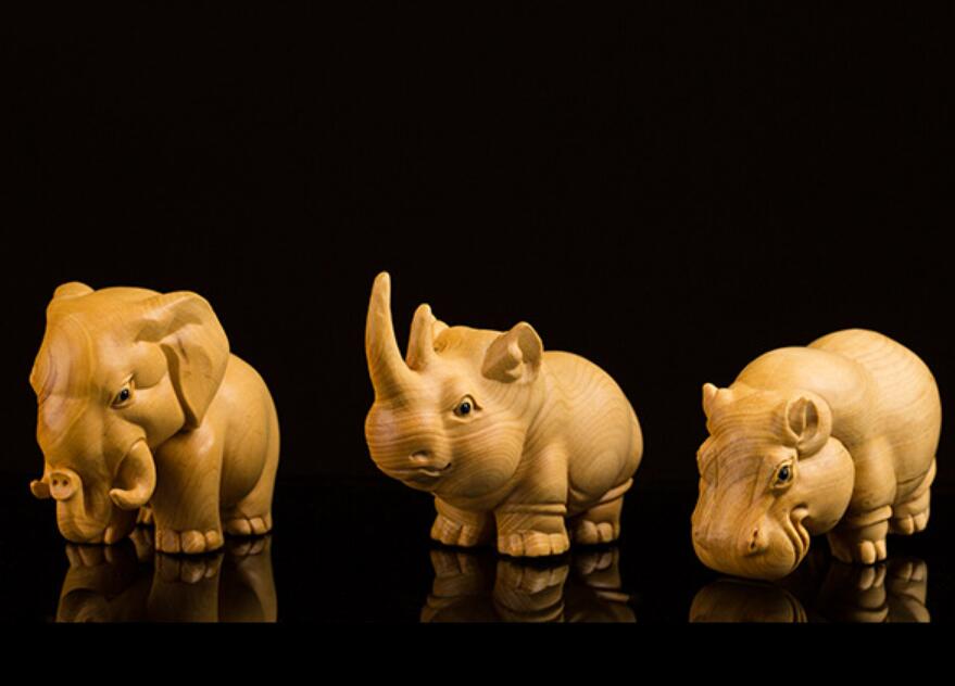 Buxus Carving Ambachten Home Dieren Decoratieve Ornamenten Neushoorn Olifant Nijlpaard Standbeeld Sculptuur