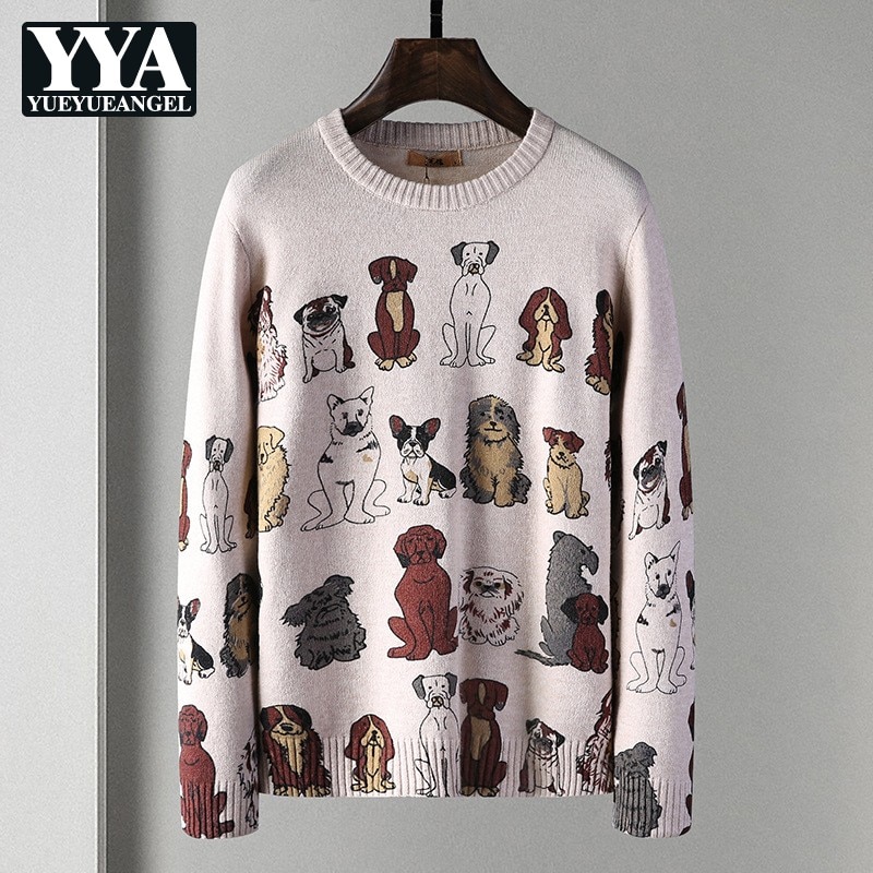 Trykk lange ermede gensere menn o-hals høst slim casual strikkegensere tegneseriemønster collegegensere pluss størrelse 4xl