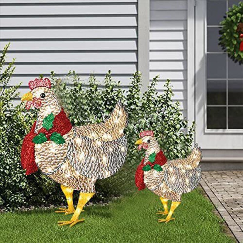 Christmas Decorations Light-Up Chicken with Scarf Decor LED Flat 3D Outdoor Christmas Lights Statue Garden Yard Ornament