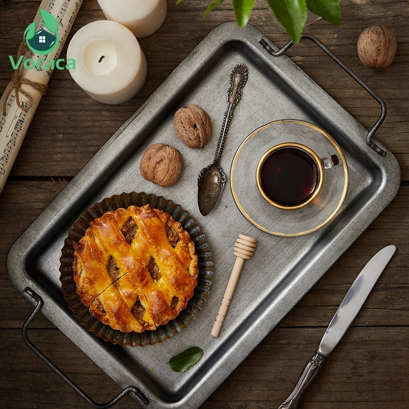Vintage mat display bricka retro smidesjärn förvaringsbricka med handtag bröllop verktyg gourmet fotografi rekvisita skrivbordsdekoration