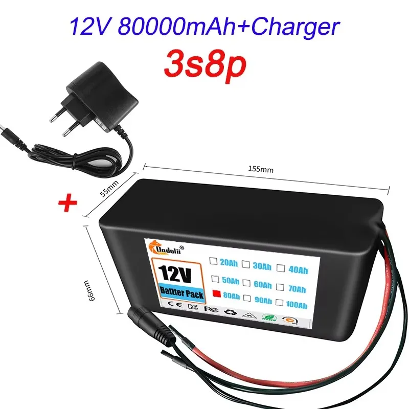 Bateria 3S3P 12V 18650 Lithium-ion 12V 30000mAh DC12.6V Bateria recarregável de ultra grande capacidade com BMS + carregador: ROXO