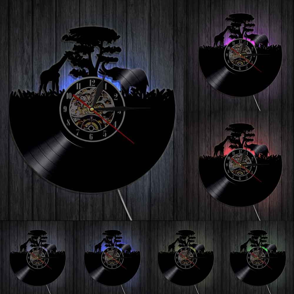 Griaffe Elephant Vinyl Wall Clock Africa Animal Handmade Craft Clock With LED Backlight Nursery Decor For Kids: With LED