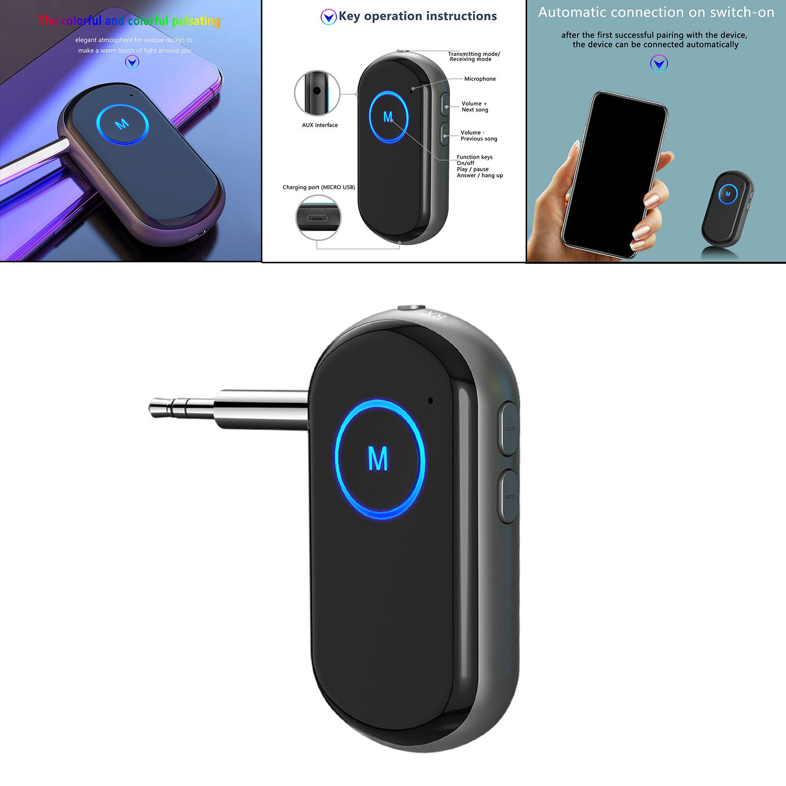 Bluetooth Adapter Noise Cancelling 3.5mm Dual Connection Signal Stability Automatically BT5.0 HiFi Music Receiver for Speakers