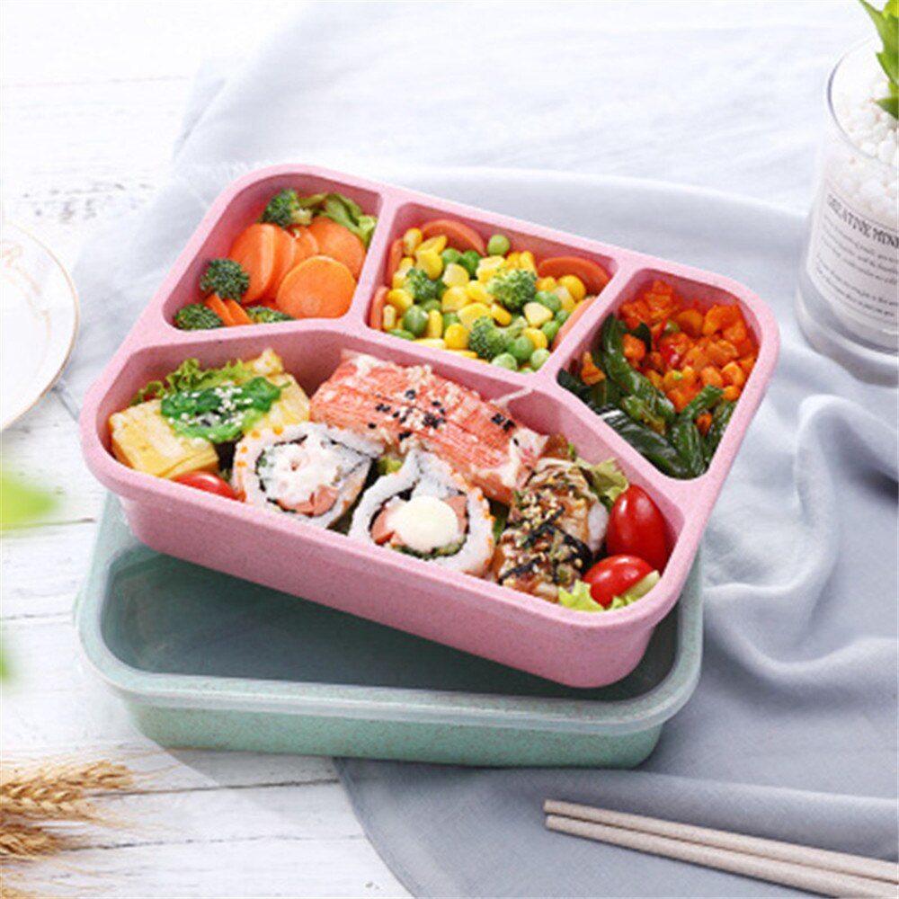 4-box Lunch Box Wheat Straw Food Container Portable Students Lunch Box Microwave Square Split Office Workers Food Box