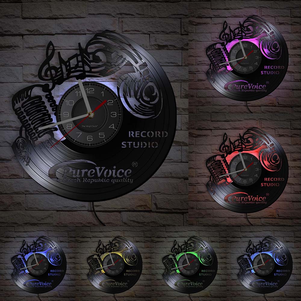 Musik Anmerkungen Mauer Kunst Violinschlüssel Vinyl aufzeichnen Wanduhr Musik Kunst Jahrgang Uhr Uhr Felsen n rollen Headset Mikrofon Zauberstab Licht: mit LED