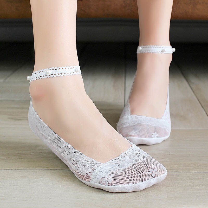 Calcetines cortos transpirables de encaje Floral para mujer, medias finas suaves de estilo coreano, con perlas, para primavera y verano, 1 par