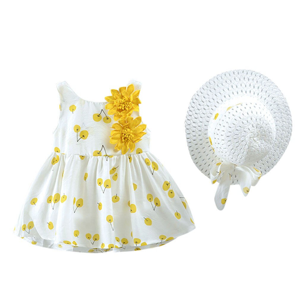 2PCS Toddler Kid Baby Girl Dress Cherry Fruit Printed Flower Dresses For Girl+Hat Summer Outfits Set vestido infantil: Yellow / 12-18 Months