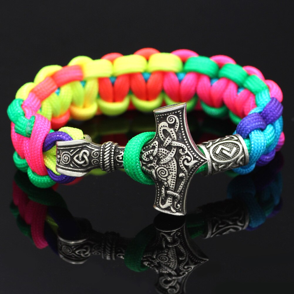 Youe Glänzte Nordischen Viking Thor Mjolnir Hammer Paracord Amuletceltic Rune Knoten Amulett Skandinavischen Licht Regenbogen Armband: T