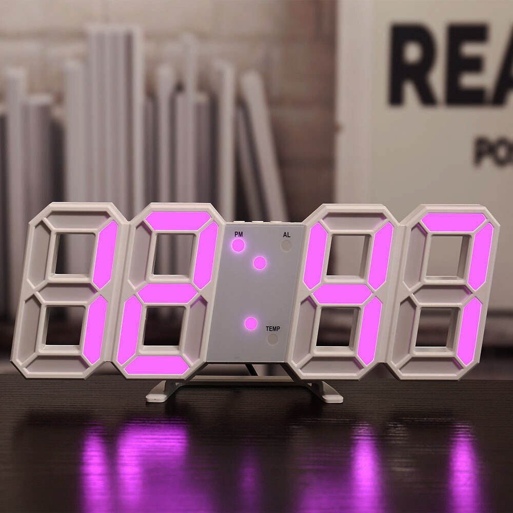 Led Digitale 3D Wandklok Usb Elektronische Wekkers Datum Temperatuur Automatische Backlight Tafel Desktop Klok Woondecoratie: White purple