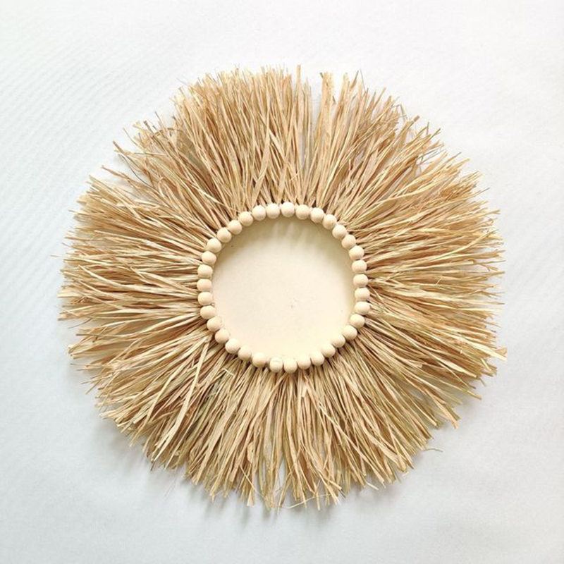 Espejo de paja tejido redondo nórdico, cuentas de madera marroquí, espejos colgantes de maquillaje, adornos de pared, artesanía para decoración del hogar