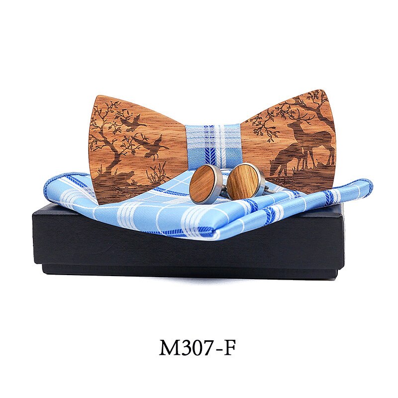 Conjunto de pajarita de madera + pañuelo + gemelos, pajaritas de madera Para el novio de boda, corbatas Para el hogar, bodas, alces de Navidad: M307-F