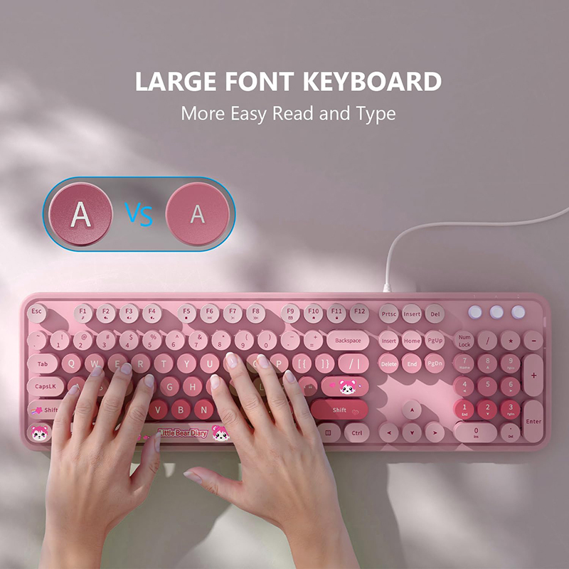 Ergonomic USB Plug and Play Wired Keyboard 104 Keys Full size Coloful Retro Round Cute Keycaps Wired Keyboard for WinXP/7/8/10