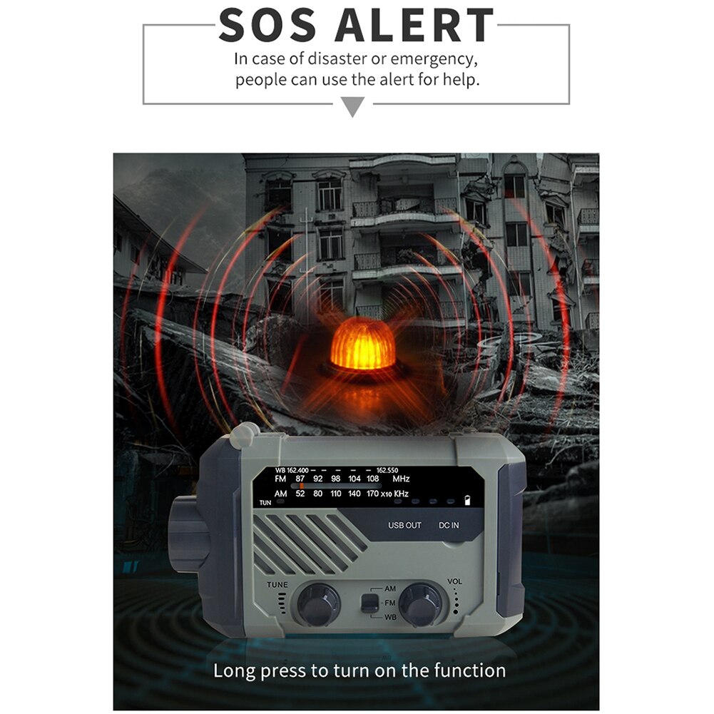 Radio portátil de mano con manivela AM, FM, lámpara Solar de lectura de emergencia, alarma de SOS, Batería Externa de 2000mAh para cargador de teléfono