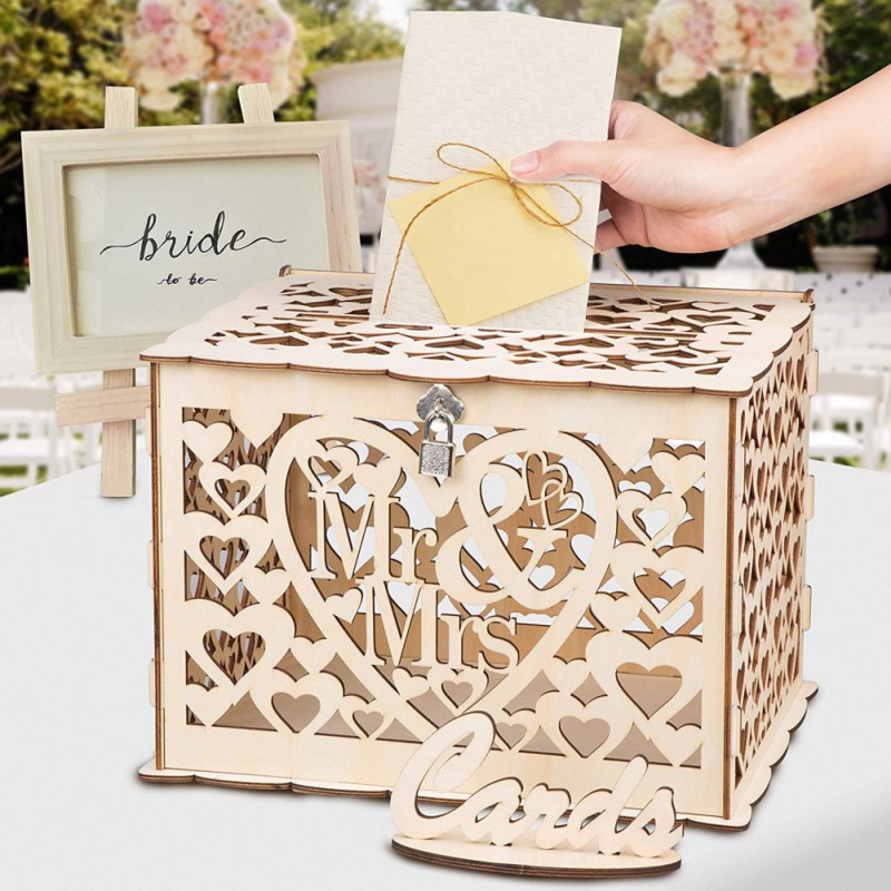 Hollow DIY Wedding Wooden Box Wedding Supplies DIY Couple Deer Bird Flower Pattern Grid Business Card Wooden Box