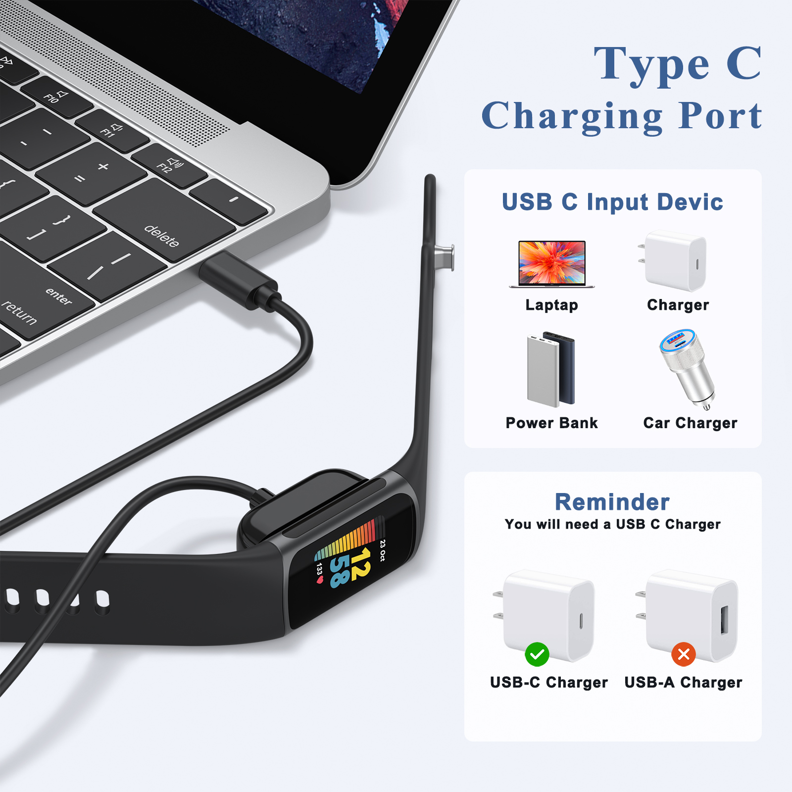 Cargador de reloj tipo C para Fitbit Charge 5 6, Cable de carga magnético para Fitbit Luxe, accesorios adaptadores de base de carga portátil