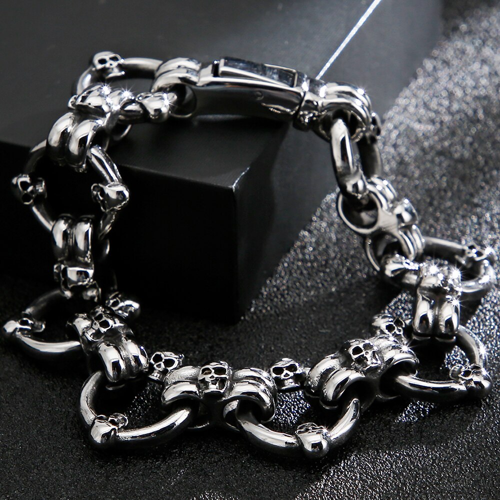Gotische Schedel Armbanden Voor Mannen Rvs Punk Rock 3D Skelet Ketting Heren Armbanden Voor Mannen Biker Sieraden