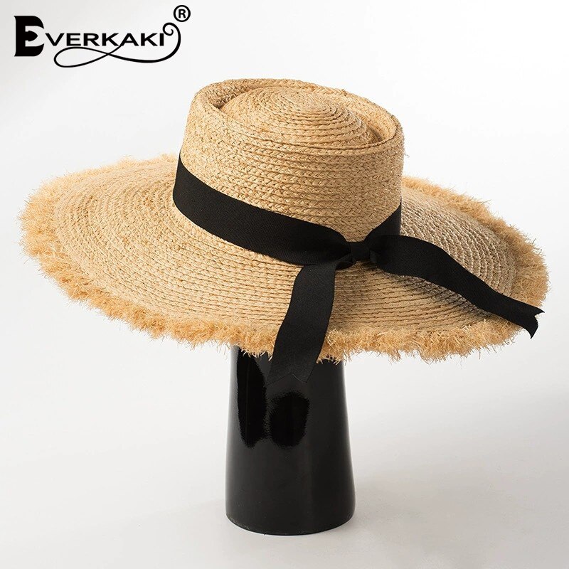 Everkaki Stro Strik Zon Hoeden Zomer Vrouwen Schipper Strand Hoed Brede Side Casual Dames Panama Platte Hoed Fedora Chic: Default Title