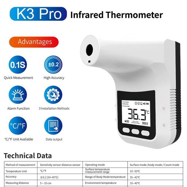 Non-contact Infrared Forehead Thermometer Digital Thermometer Senor Wall Mount Automatic Temperature Alarm LCD office: K3 PRO