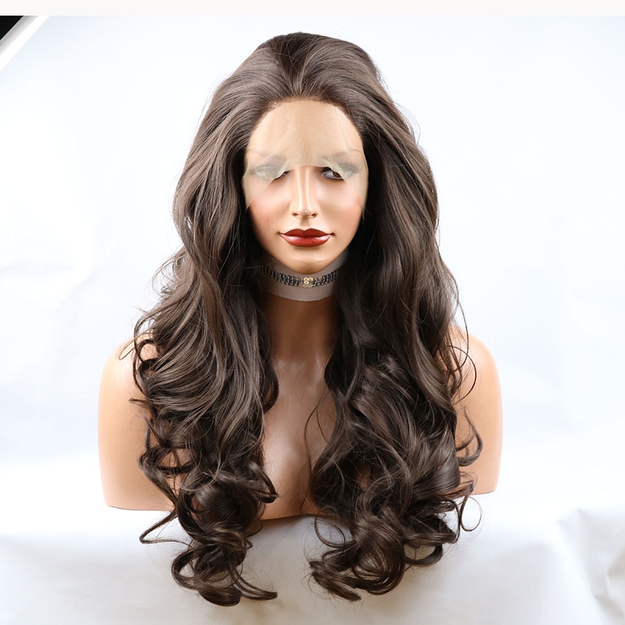 Synthetic Lace Front Wig Brown Color 26 Inch Long Water Wave Futura Hair With Natural Hairline for Black Women