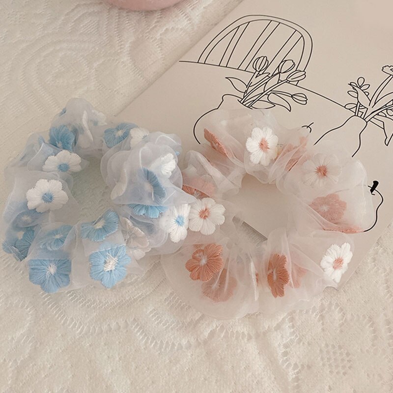 Coleteros de malla Organza con flores bordadas, lazos para el cabello, banda de goma romántica, coleta transparente, accesorios para el cabello