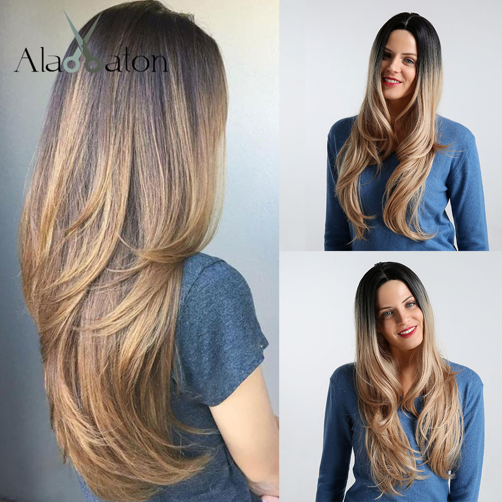 ALAN EATON-pelucas con ondas de agua largas degradadas para mujer, color negro y marrón, con reflejos, pelucas de pelo sintético de parte media, alta temperatura: lc189-1
