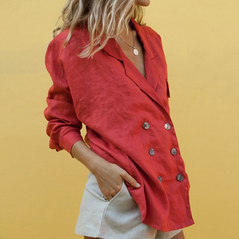 Notched Double Breasted Women's Blazer Sets Long Sleeve Shorts Suit For Office Ladies Summer Autumn Female Suits: Red / M