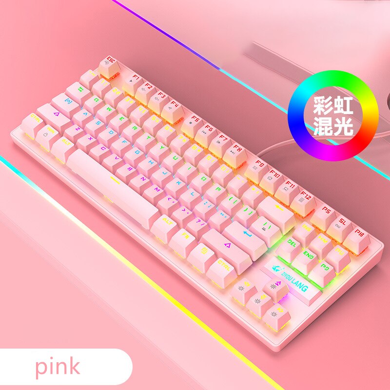 Gaming Mechanical Wired Keyboard 87-key Green axis USB Interface RGB Backlight For gamers PC laptops girly pink: Pink