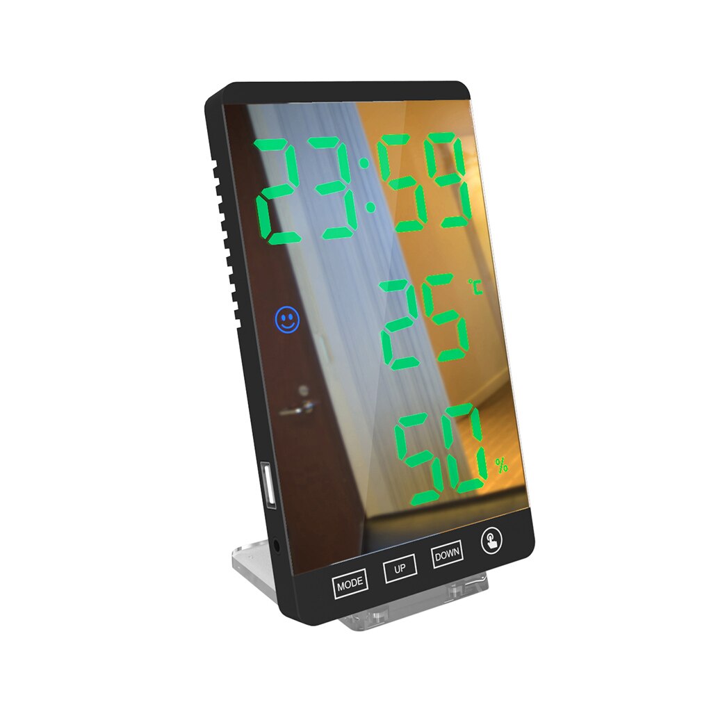 6 Inch LED Mirror Alarm Clock Touch Button Wall Digital Clock Time Temperature Humidity Display USB Output Port Table Clock: 02