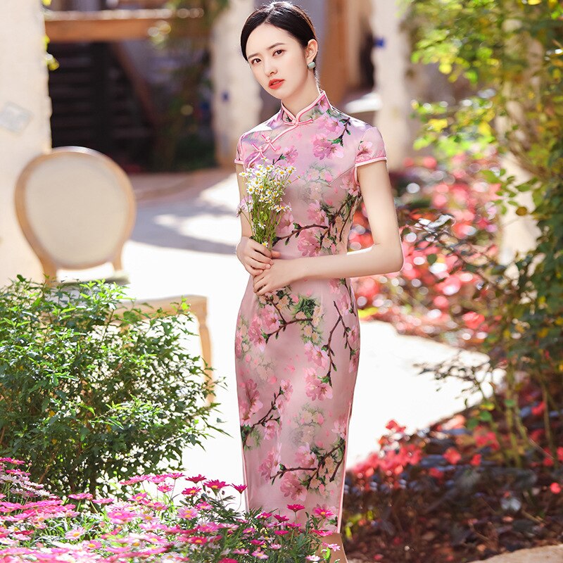Rosa dam plus storlek 3xl nyhet kort kinesisk högtidsklänning kinesisk stil kvinnor mandarin krage qipao vintage rayon cheongsam: A / L