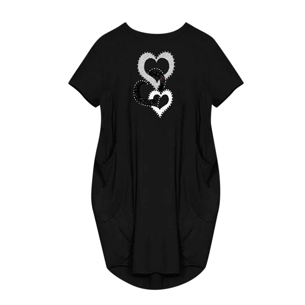 Vestido con bolsillo estampado en forma de corazón para mujer, ropa informal de manga corta con cuello redondo para primavera y verano: S / Negro