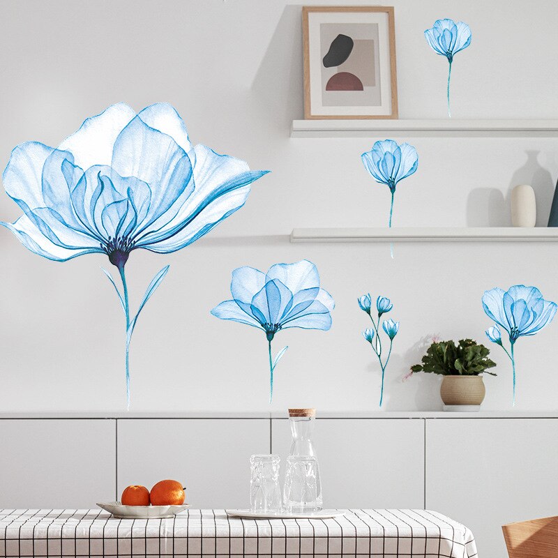 Fresh Dark Blue Flower Wall Stickers PVC Bedroom Living Room Background Decor Wallpaper Home Decor Self-adhesive Wall Stickers
