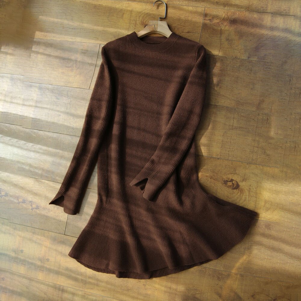 Vrouwen Trui Jurk Herfst Winter Lange Mouwen Ronde Hals Effen Kleur Ruches Zoom Gebreide Jurk Casual Vestidos Gewaden Koreaanse