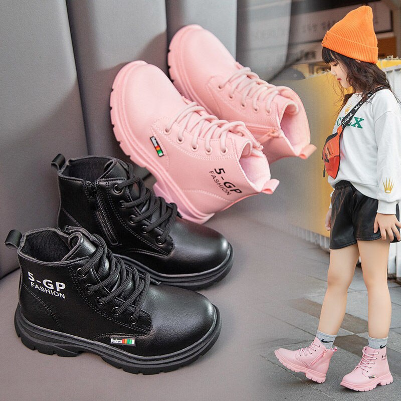 Herfst Kids Laarzen Meisjes Lederen Schoenen Effen Kleur Mode Kinderen Enkellaarsjes Antislip Martin Laarzen Roze Zwart korte Laarzen
