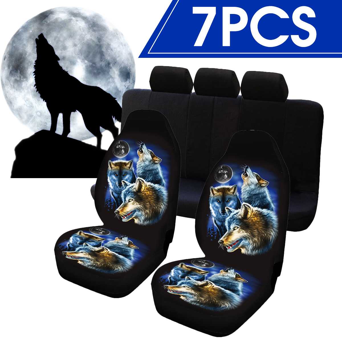 1/7 Pcs Auto Bekleding Universele Auto Front Stoelhoezen 3D Wolf Gedrukt Mesh Spons Kussen Volledige Cover set Interieur Accessoires