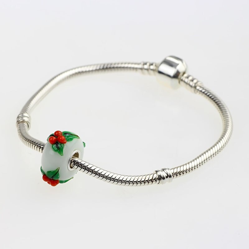 925 breloques colorées en argent sterling à gros trou en forme de couronne de noël, perles en verre adaptées aux bracelets européens