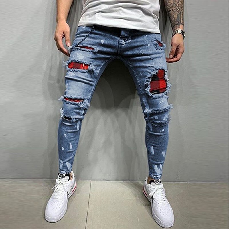 Heren Skinny Ripped Jeans Grid Bedelaar Patches Slim Fit Stretch Casual Denim Potlood Broek Schilderen Jogging Broek: 1993 Blue / M